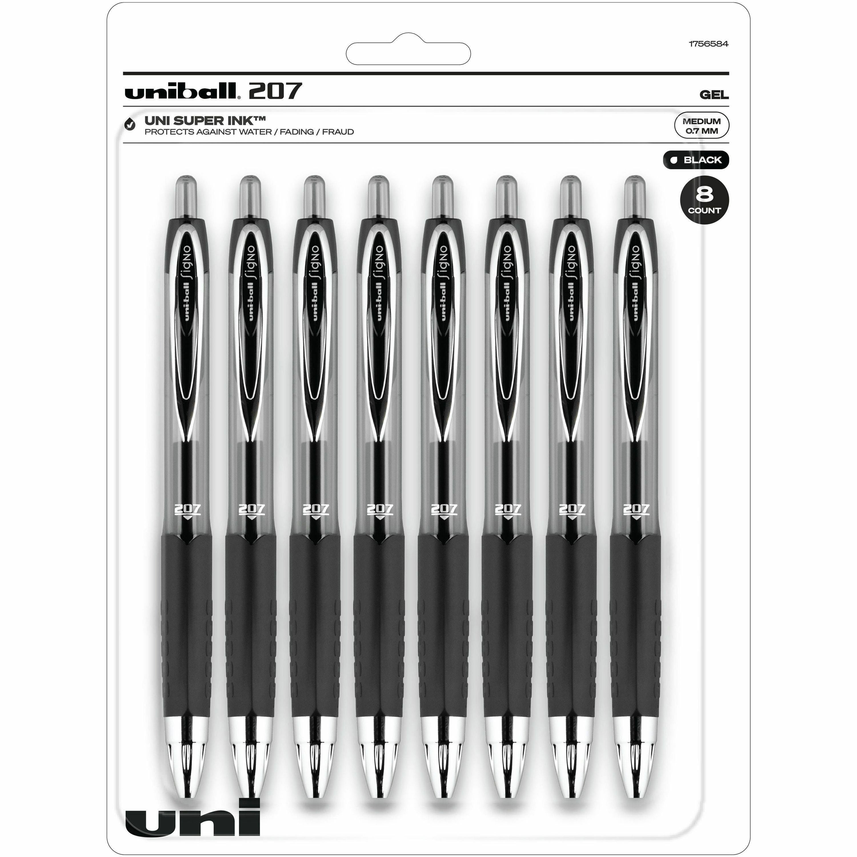 uniball™ 207 Gel Pen - 0.7 mm Medium Conical Pen Point - Refillable - Retractable - Black Ink - Gel-based - Translucent Black Plastic Barrel - Tungsten Carbide Tip - 8 / Pack
