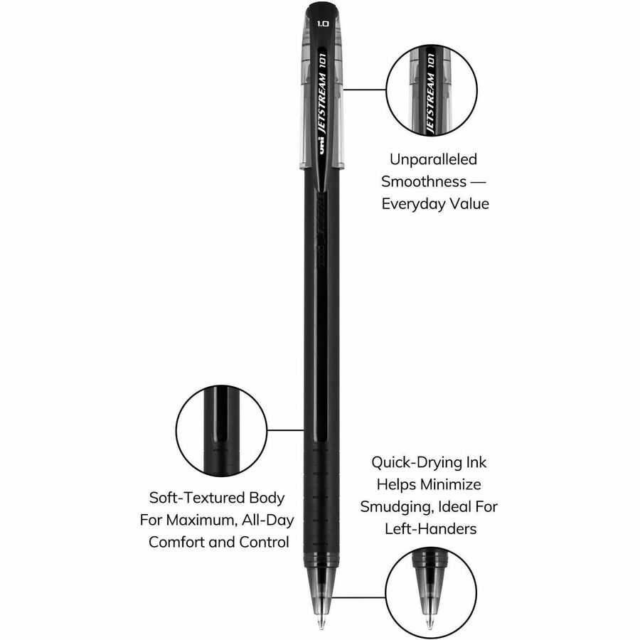 uniball™ Jetstream 101 Ballpoint Pen - 1 mm Medium Pen Point - Black Ink - Gel-based - Black Barrel - 1 Dozen