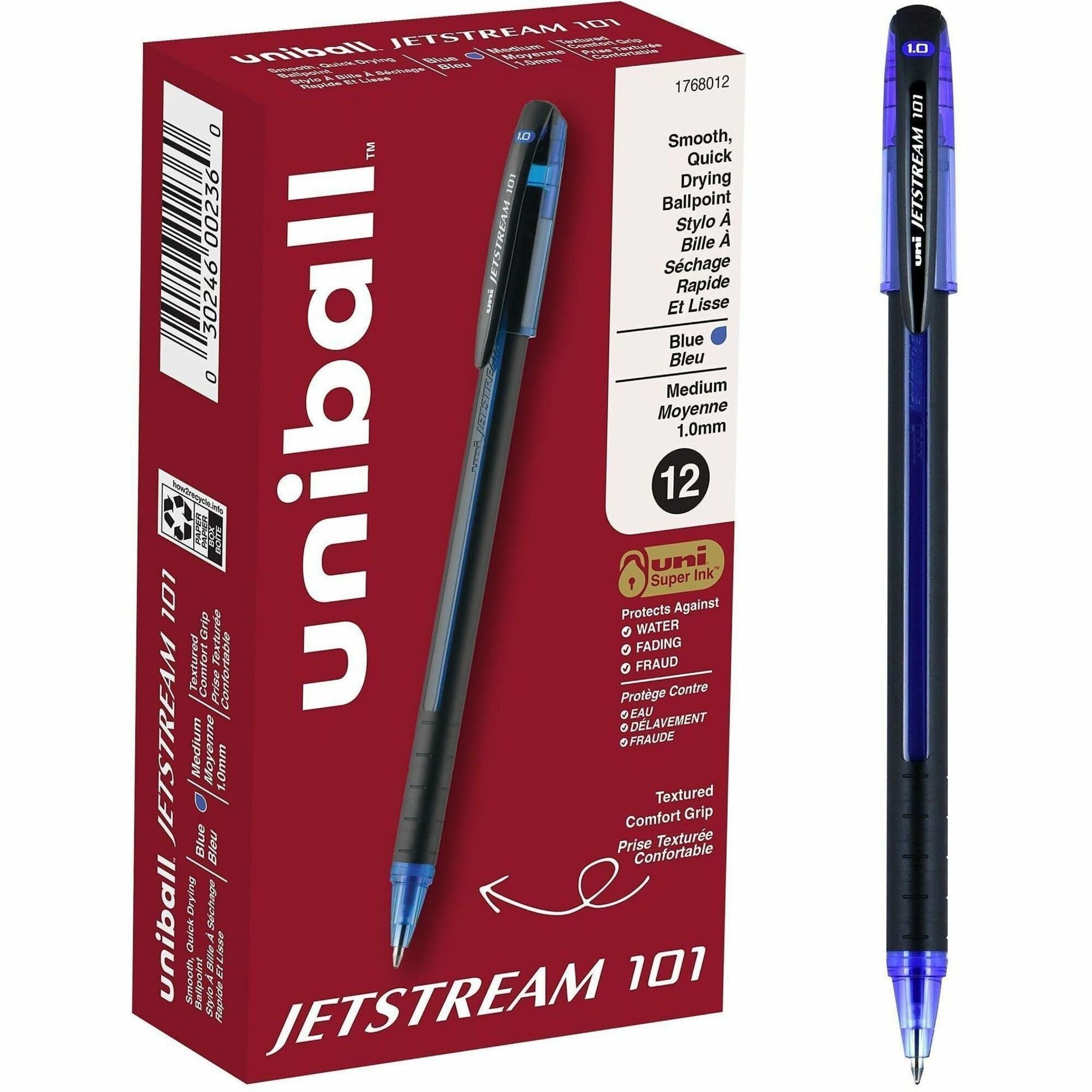 uniball™ Jetstream 101 Ballpoint Pen - 1 mm Medium Pen Point - Blue Ink - Gel-based - Black, Blue Barrel - 1 Dozen