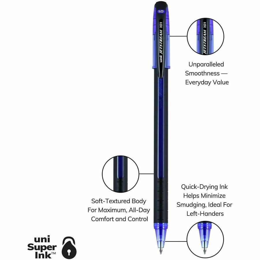 uniball™ Jetstream 101 Ballpoint Pen - 1 mm Medium Pen Point - Blue Ink - Gel-based - Black, Blue Barrel - 1 Dozen