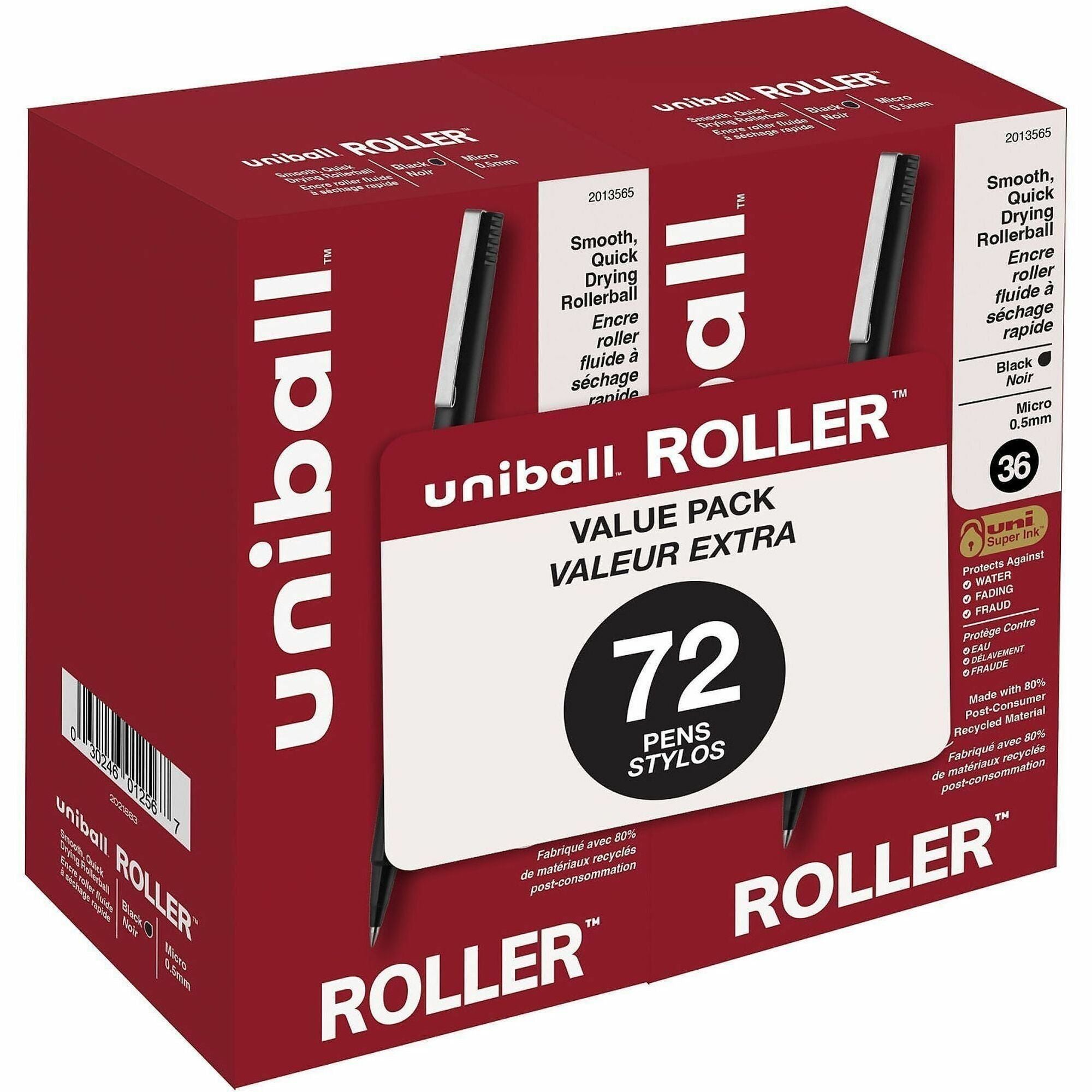 uniball™ Roller Rollerball Pen - 0.5 mm Micro Pen Point - Black Ink - Liquid - Black Barrel - 72 / Pack