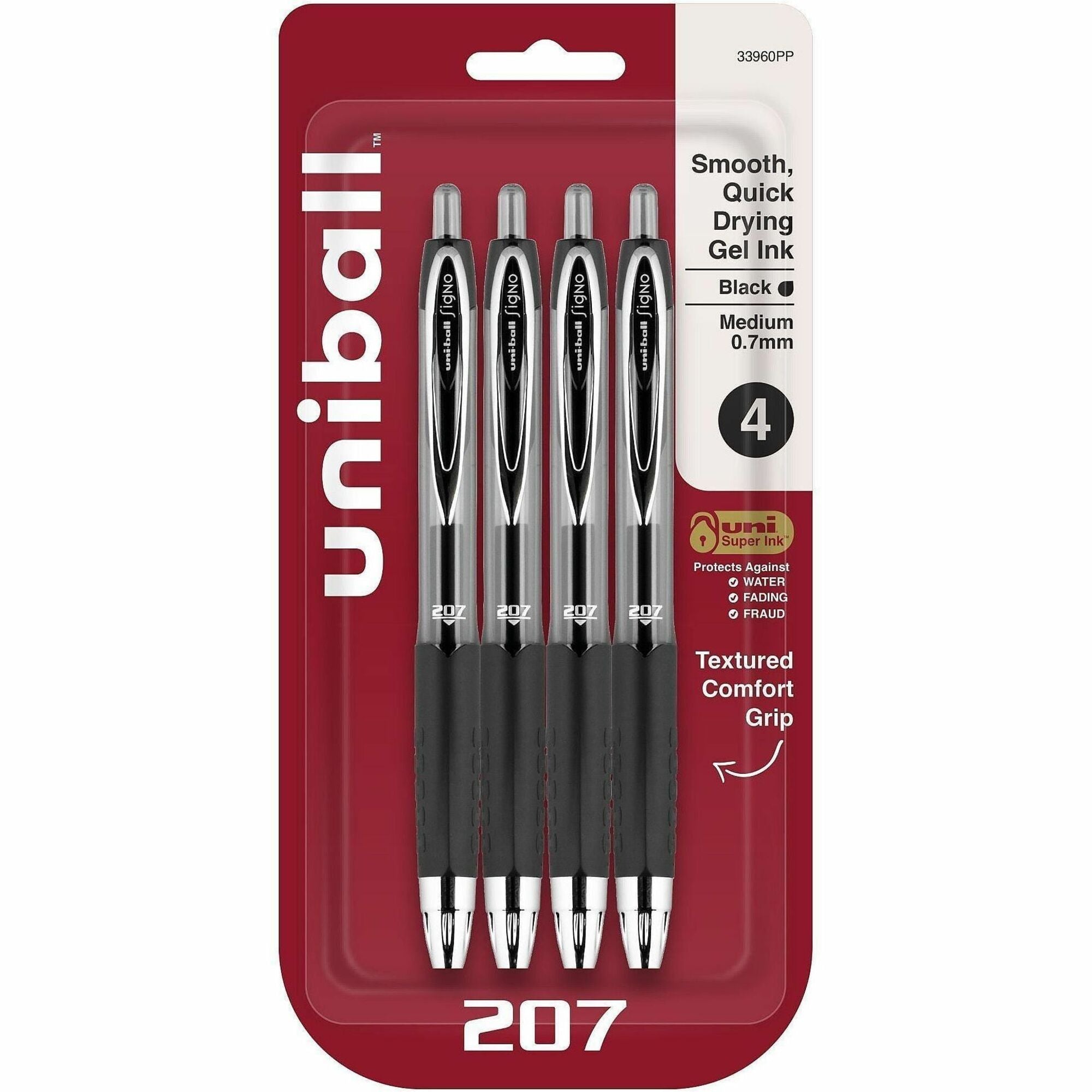 uniball™ 207 Gel Pen - 0.7 mm Medium Pen Point - Refillable - Retractable - Black Ink - Gel-based - Plastic Barrel - Tungsten Carbide Tip - 4 / Pack