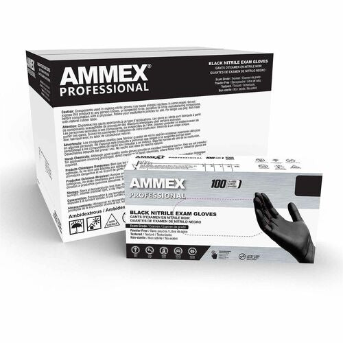 Ammex Examination Gloves - 4 mil Thickness - Small Size - Black - Textured, Durable, Comfortable, Rip Resistant, Tear Resistant, Latex-free, Chlorinate - For Law Enforcement, Security, First Responder/Defense - 10 / Carton