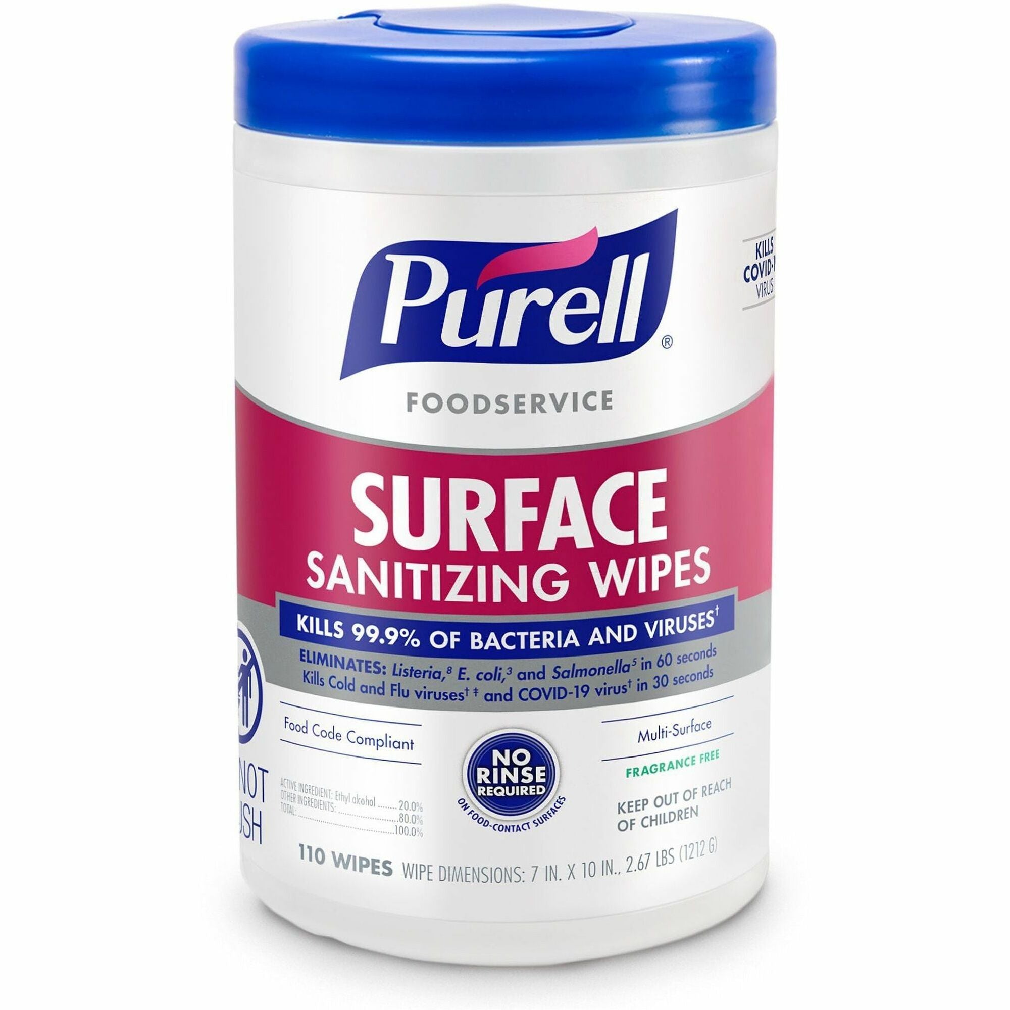 PURELL&reg; Foodservice Surface Sanitizing Wipes - Ready-To-Use - 10" Length x 7" Width - Rinse-free, Fragrance-free, Durable - 110/Tub - 1 Each