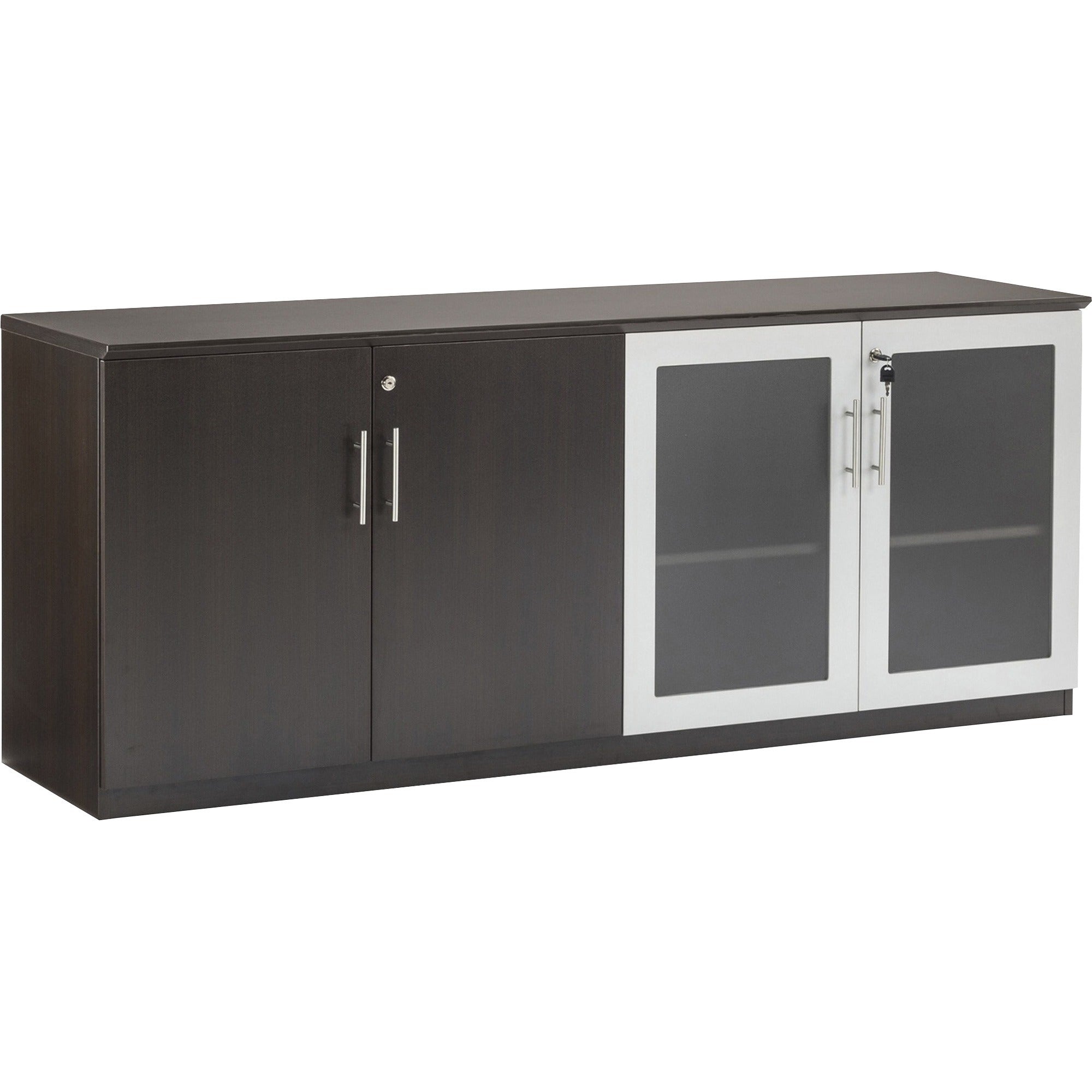 Safco Medina Mocha Laminate Office Unit, 1" Thick Work Surface, 4 Doors, 4 Shelves, 4 Adjustable Shelves, Beveled Edge, MDF, 29.5"H x 72"W x 20"D, Mocha Finish, 1 Each