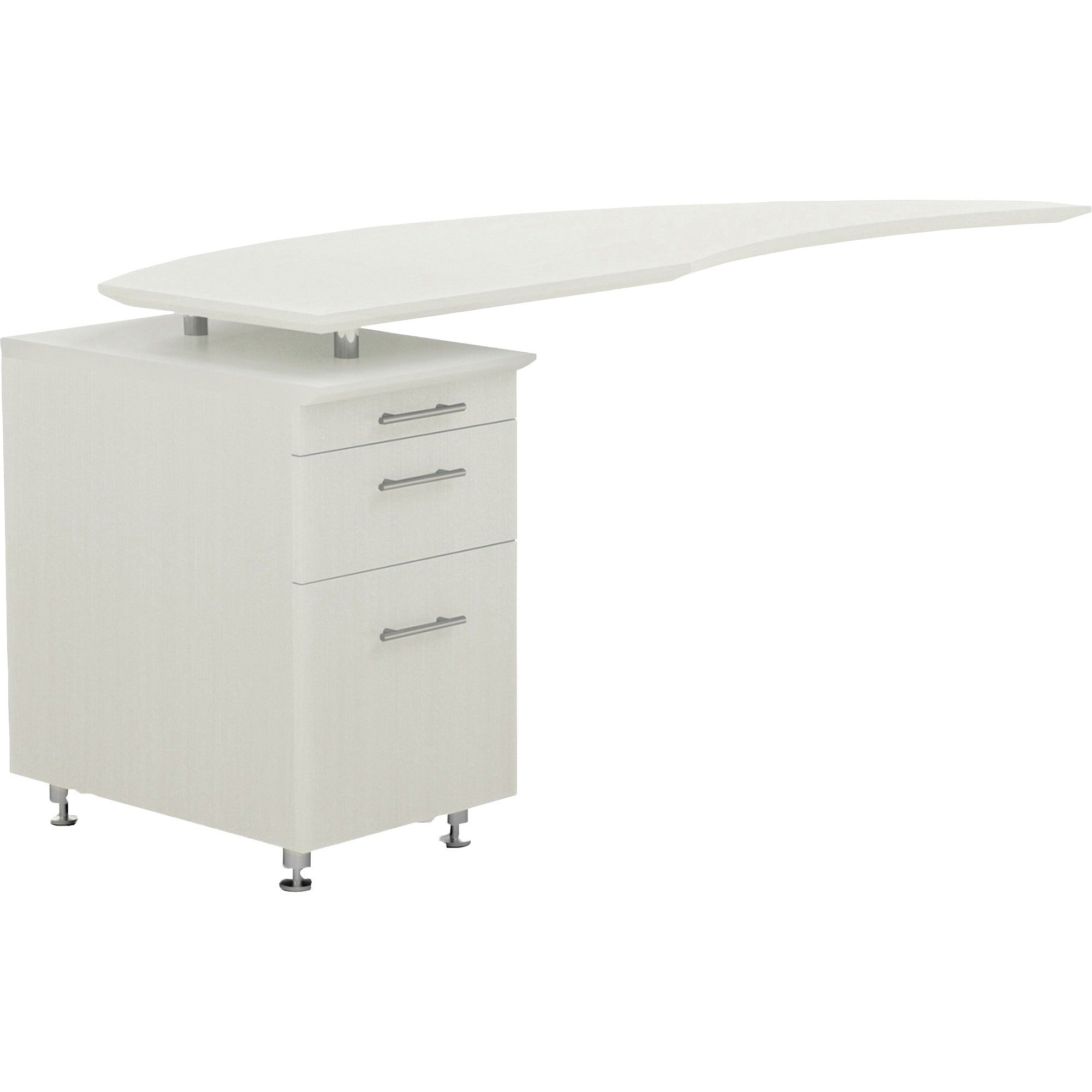 Safco Medina Mocha Laminate Office Unit, L-shaped, Textured Sea Salt finish, 1" thick work surface, single left pedestal with 3 drawers, beveled edge, MDF construction, silver legs, 1 each