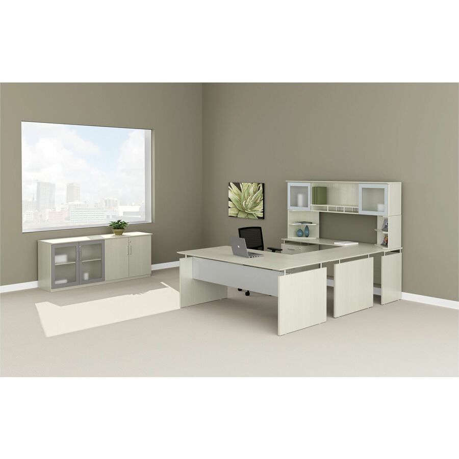 Safco Medina Mocha Laminate Office Unit, L-shaped, Textured Sea Salt finish, 1" thick work surface, single left pedestal with 3 drawers, beveled edge, MDF construction, silver legs, 1 each