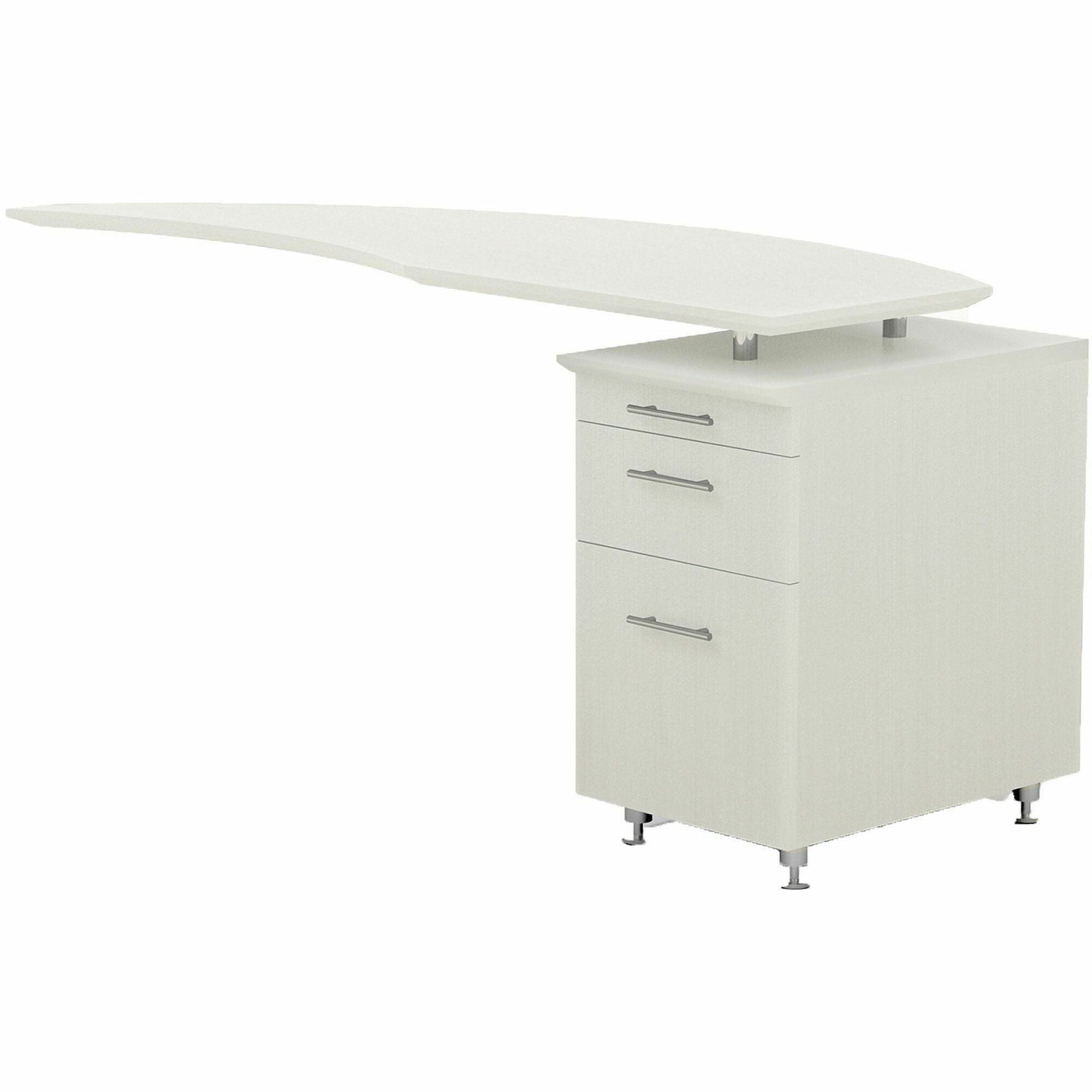 Safco Medina Textured Sea Salt Laminate Unit, L-shaped, 1" thick work surface, 3 drawers, single right pedestal, beveled edge, MDF, silver legs, 29.5"H x 63"W x 24"D, 1 Each