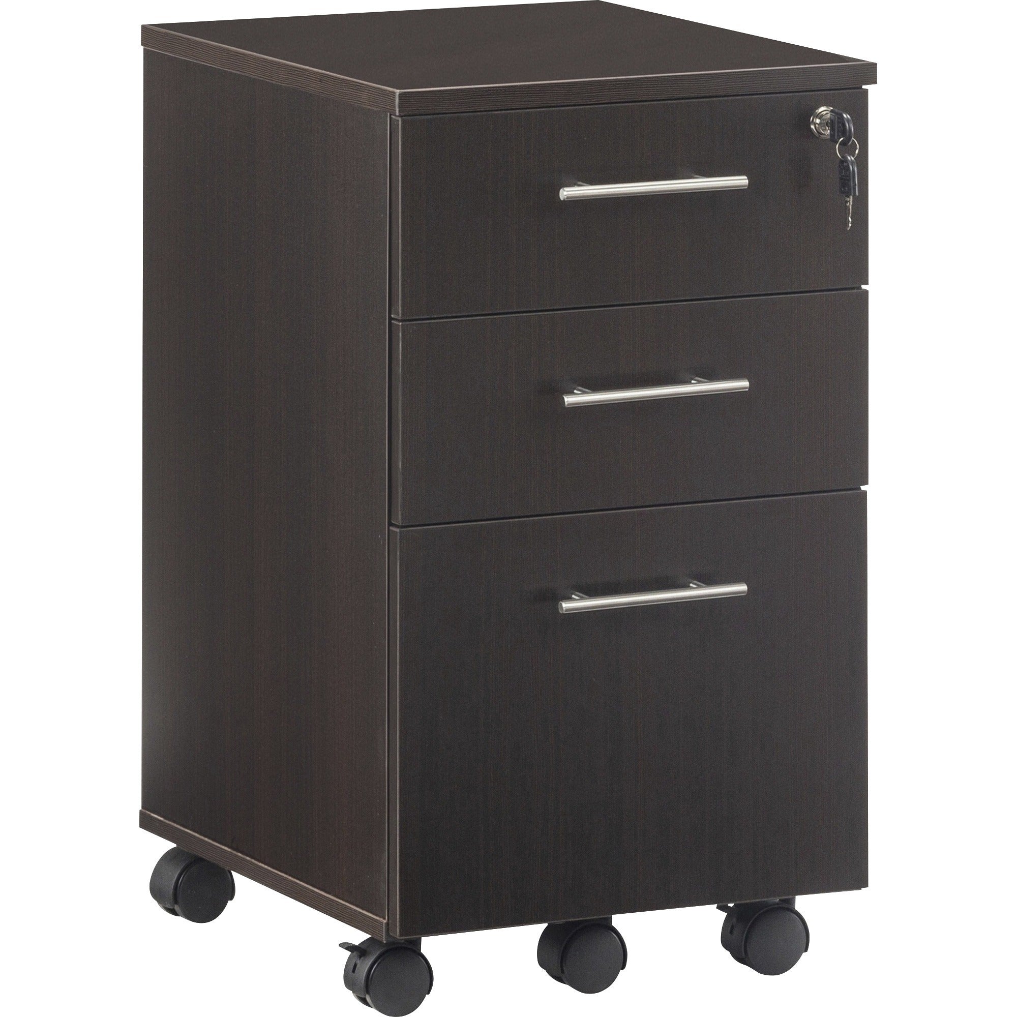 Safco Medina Mobile Pedestal, 3 Drawers, Single Pedestal, Beveled Edge, MDF & Laminate, Mocha Finish, 26.8"H x 15.5"W x 18"D, 1 Each