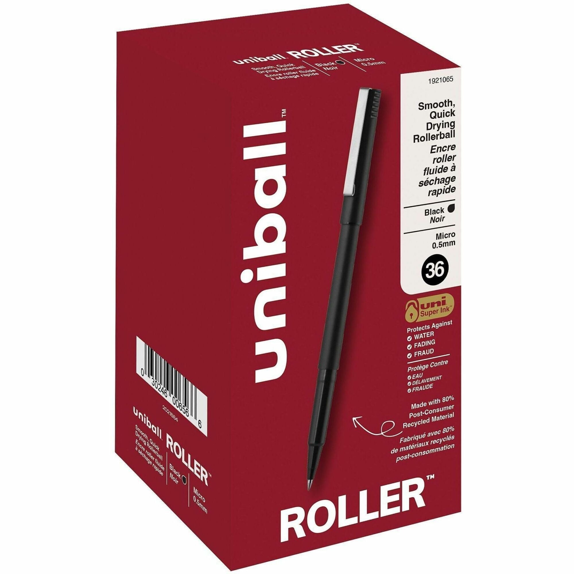uniball Roller Rollerball Pen, 0.5 mm Micro Point, Black Ink, Black Barrel, 36 Pack