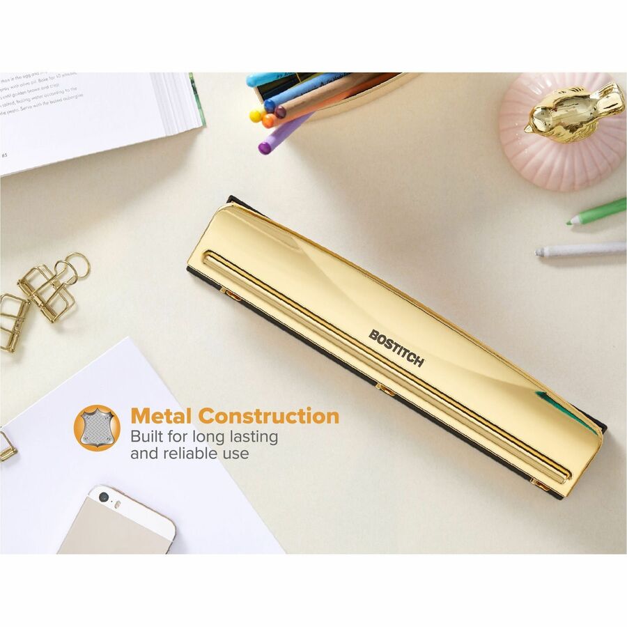 Bostitch 3-Hole Punch, 3 Punch Heads, 12-Sheet Capacity, 9/32" Punch Size, Metal and Rubber, Yellow/Gold, 1 Each