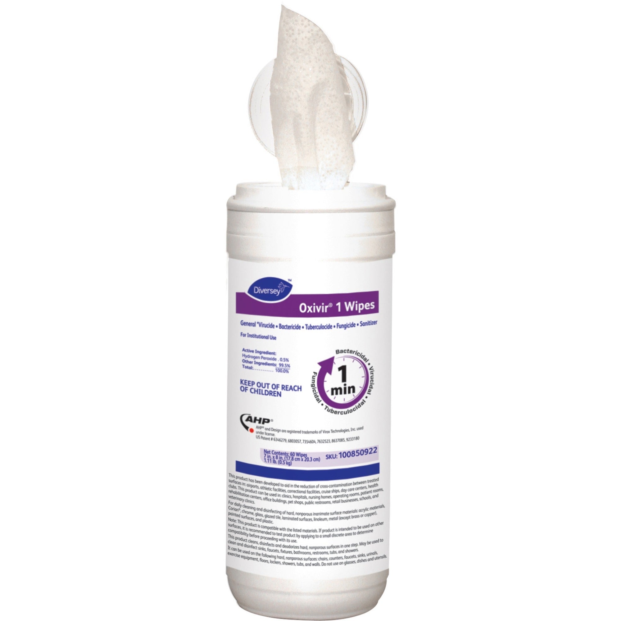 Diversey Oxivir 1 Wipes, 8" x 7", Cherry Almond Scent, White, 60 Wipes per Tub, 12 Tubs per Carton