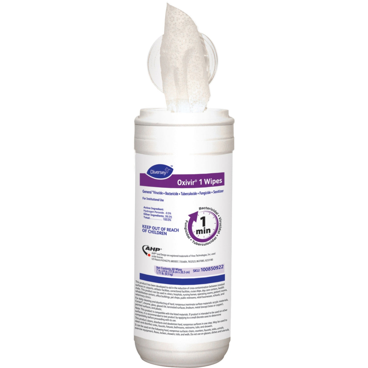 Diversey Oxivir 1 Wipes, 8" x 7", Cherry Almond Scent, White, 60 Wipes per Tub, 12 Tubs per Carton