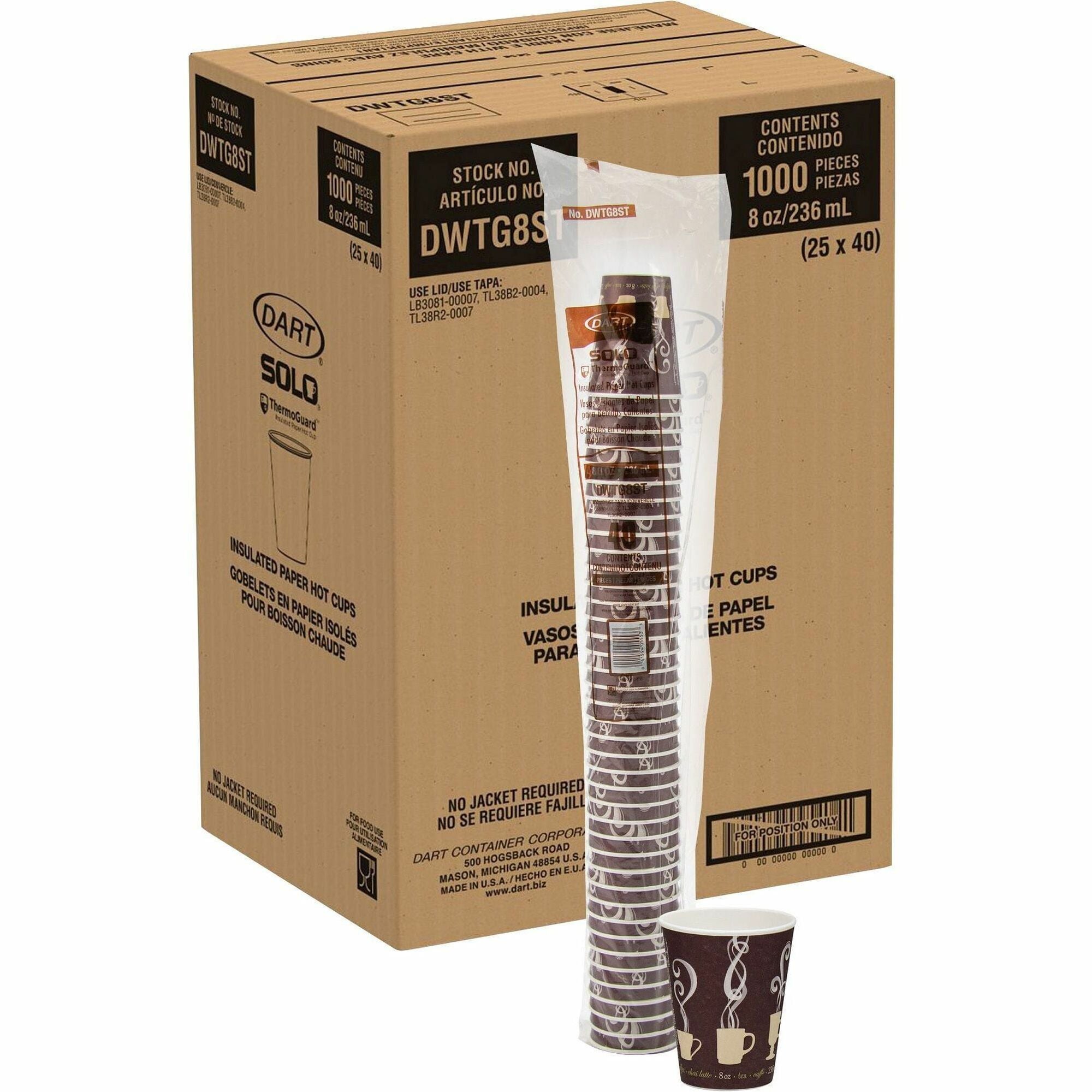 Solo ThermoGuard 8 oz Double Walled Paper Hot Cups, Multi, Paper/Polyethylene, Insulated, Leak Proof, 40 Cups/Bag, 25 Bags/Carton