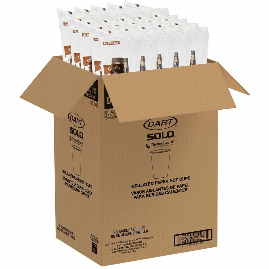 Solo ThermoGuard 8 oz Double Walled Paper Hot Cups, Multi, Paper/Polyethylene, Insulated, Leak Proof, 40 Cups/Bag, 25 Bags/Carton