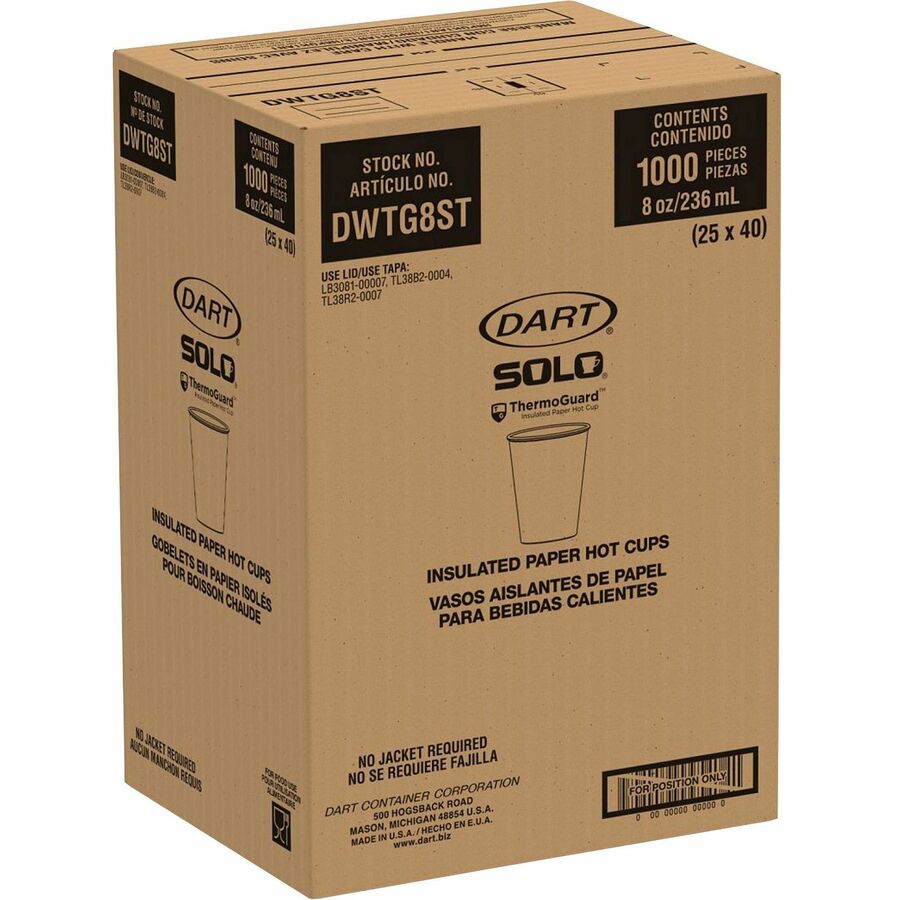 Solo ThermoGuard 8 oz Double Walled Paper Hot Cups, Multi, Paper/Polyethylene, Insulated, Leak Proof, 40 Cups/Bag, 25 Bags/Carton