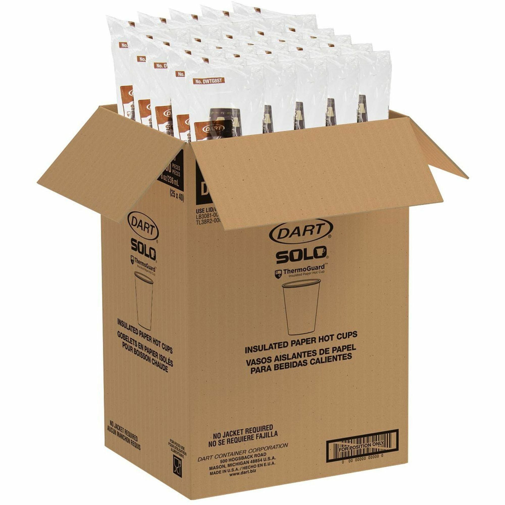 Solo ThermoGuard 8 oz Double Walled Paper Hot Cups, Multi, Paper/Polyethylene, Insulated, Leak Proof, 40 Cups/Bag, 25 Bags/Carton