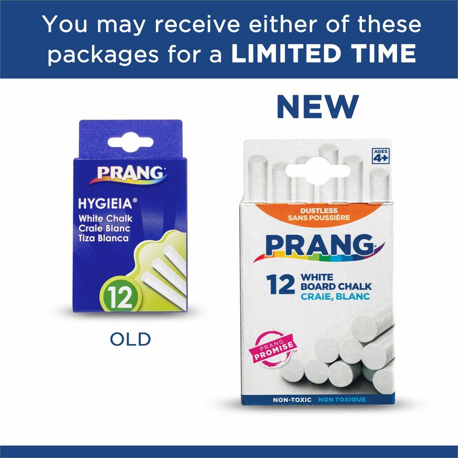 Prang Nontoxic Chalk Sticks, White, 3.3" Length, 12 Sticks per Box, 12 Boxes per Carton