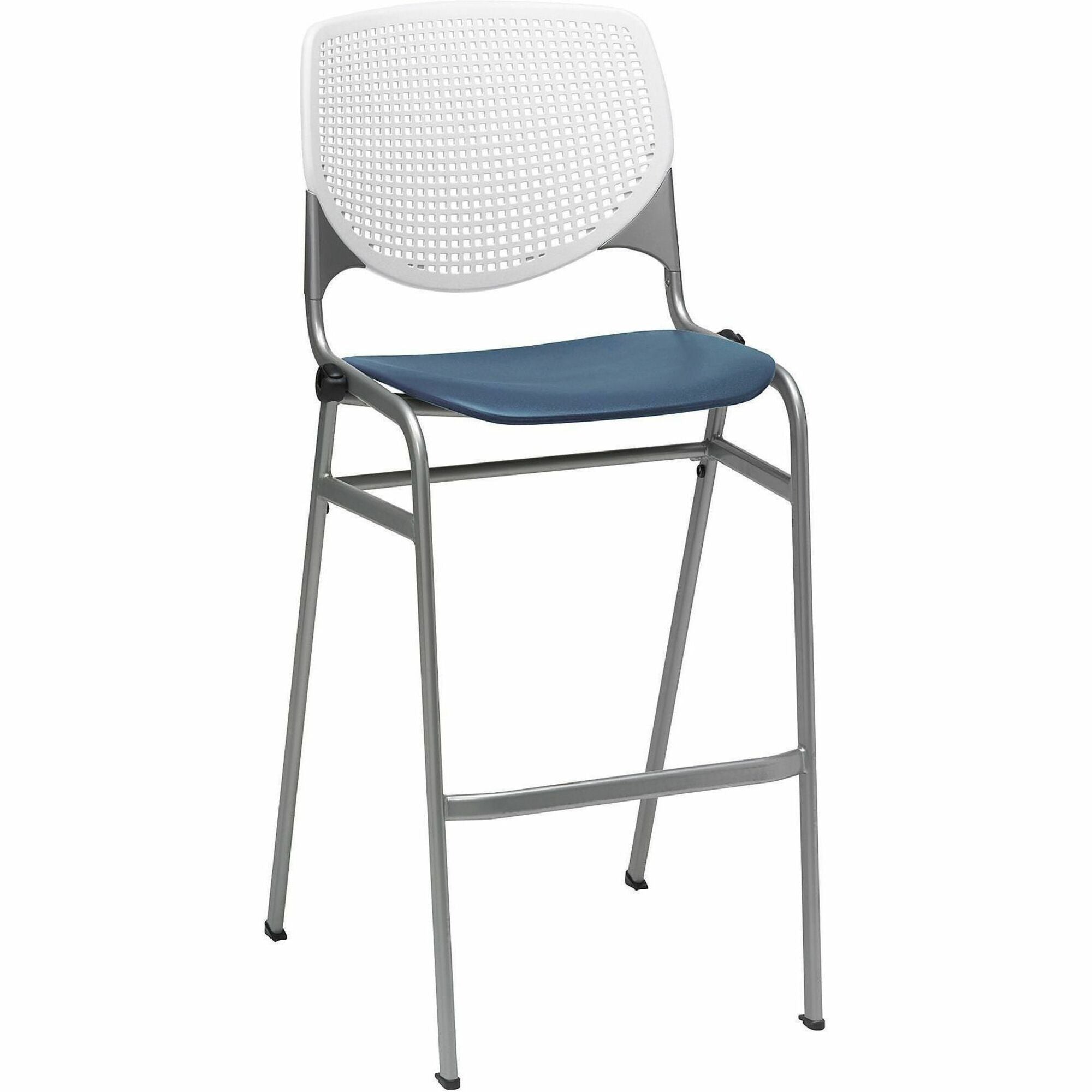 KFI Barstool Chair, White/Navy, Stackable, Contoured Seat, 400 lb Capacity, 1 Each