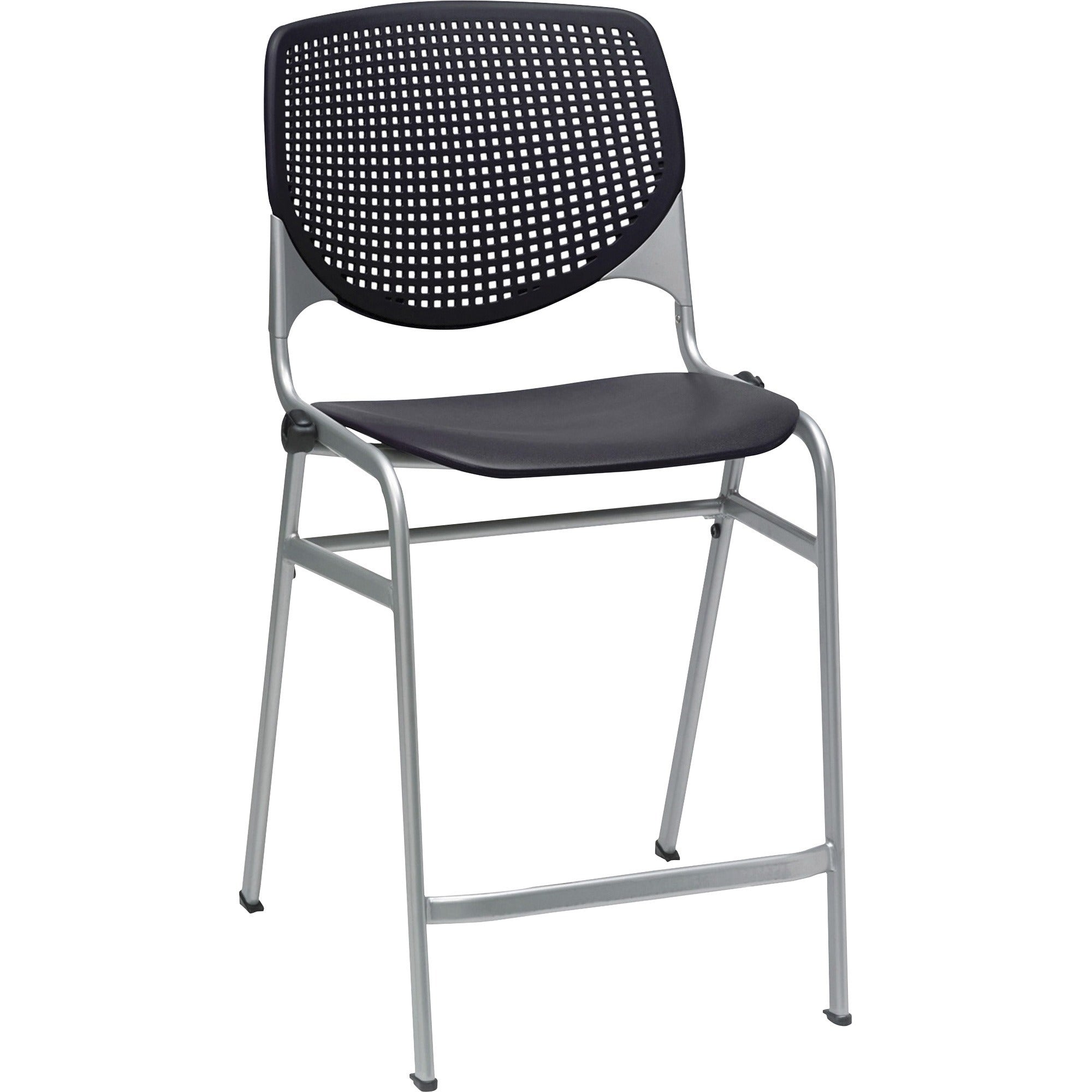 KFI Bar Stool, Black Polypropylene Seat and Back, Powder Coated Black Steel Frame, Four-Legged Base, Stackable, 1 Each