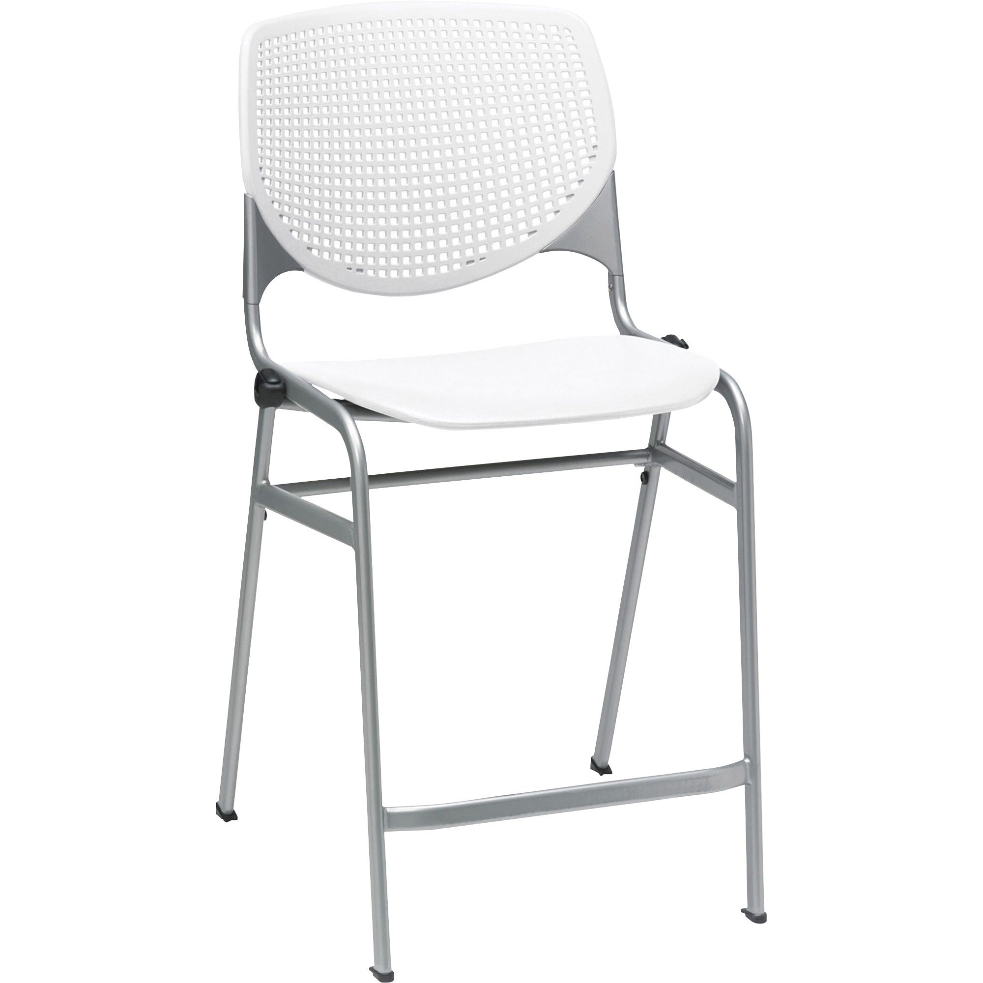 KFI Bar Stool, White Polypropylene Seat and Back, Powder Coated Black Steel Frame, Four-Legged Base, Stackable, 1 Each