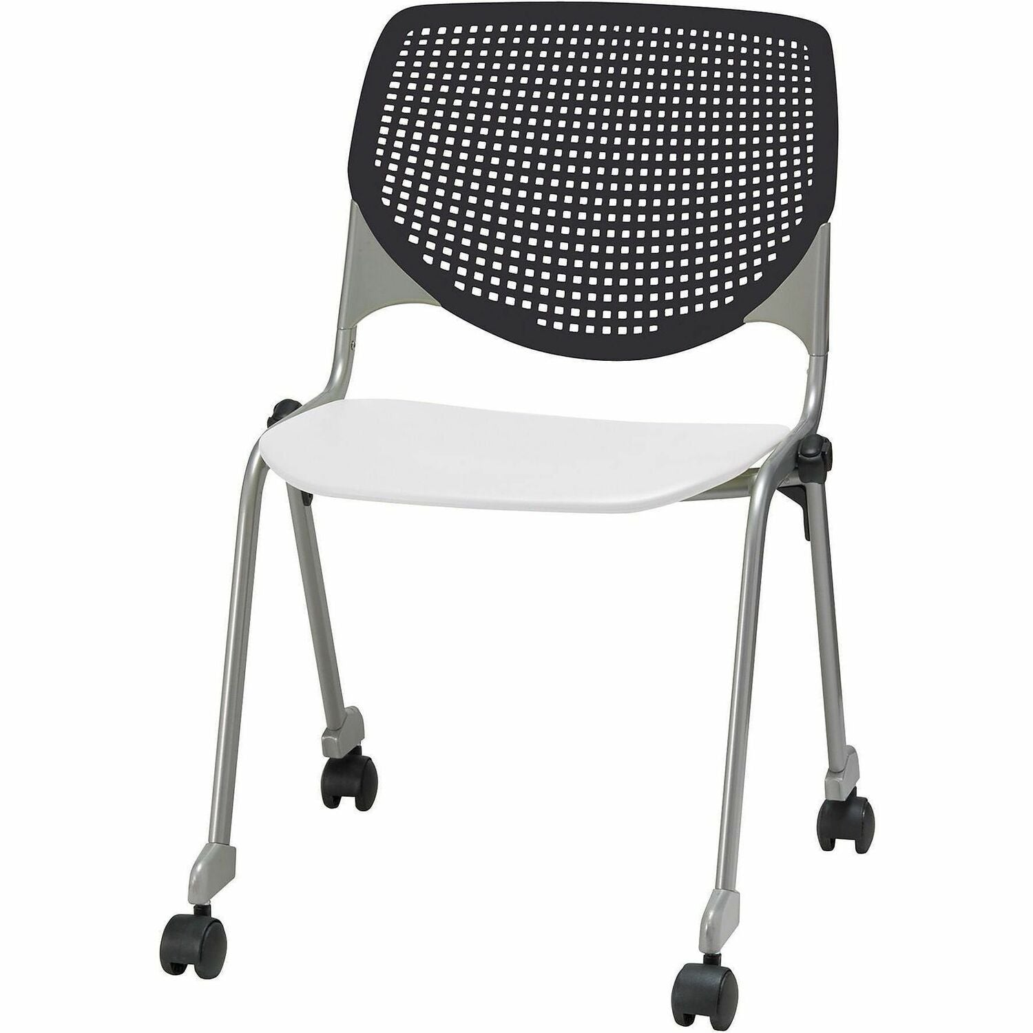 KFI Stacking Chair, Black/White, Contoured Seat, Ergonomic, 400 lb Capacity, Dual-Wheel Casters, Stackable, 1 Each