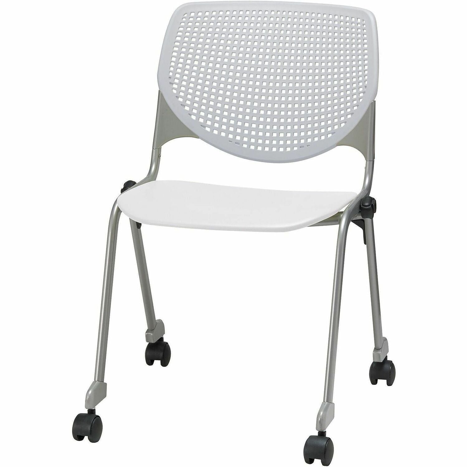 KFI Stacking Chair, Light Gray/White, Contoured Seat, Ergonomic, 400 lb Capacity, Casters, Stackable, 1 Each