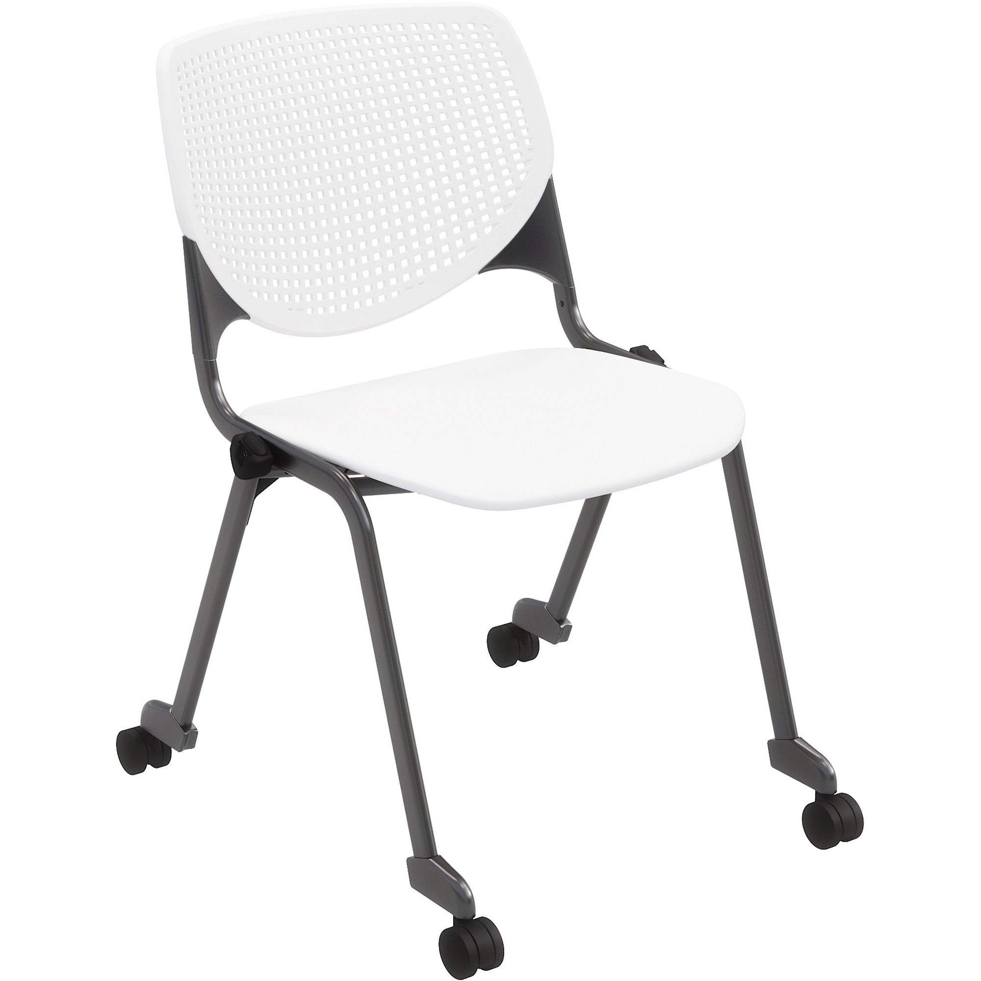 KFI Stacking Chair - White Seat Color - Polypropylene Seat Material - White Back Color - Polypropylene Back Material - Powder Coated Black Frame Color - Steel Frame Material - Four-legged Base - 1 Each