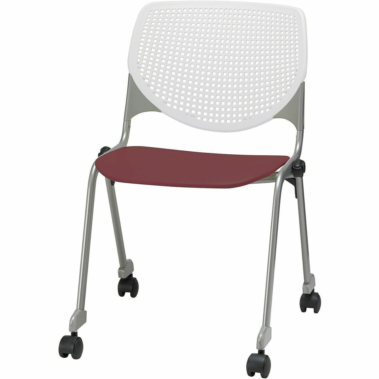 KFI Stacking Chair, Burgundy/White, 1 Each, 400 lb Capacity, Ergonomic, Contoured Seat, Dual-Wheel Casters, Stackable Design