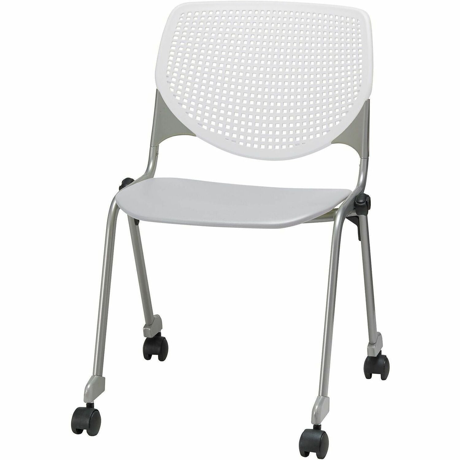 KFI Stacking Chair, Light Gray/White, Contoured Seat, Ergonomic, 400 lb Capacity, Dual-Wheel Casters, Stackable, 1 Each
