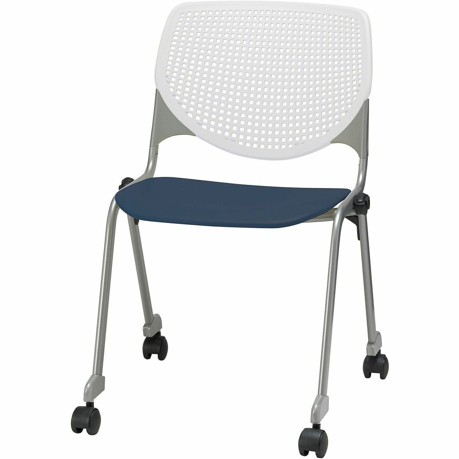 KFI Stacking Chair, Navy/White, Contoured Seat, Ergonomic, 400 lb Capacity, 2" Dual-Wheel Casters, Stackable, 1 Each