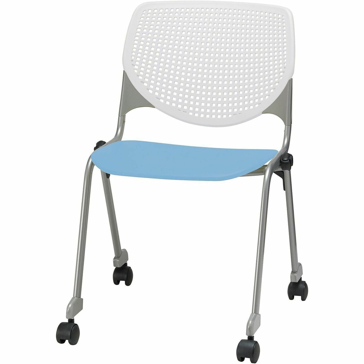 KFI Stacking Chair, Sky Blue/White, Contoured Seat, Ergonomic, 400 lb Capacity, Dual-Wheel Casters, Stackable, 1 Each