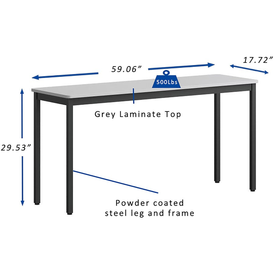 Lorell Utility Table - Gray Rectangle, Laminated Top - Powder Coated Black Base - 500 lb Capacity - 59.88" Table Top Width x 18.13" Table Top Depth - 30" Height - Assembly Required - Melamine Top Material - 1 Each