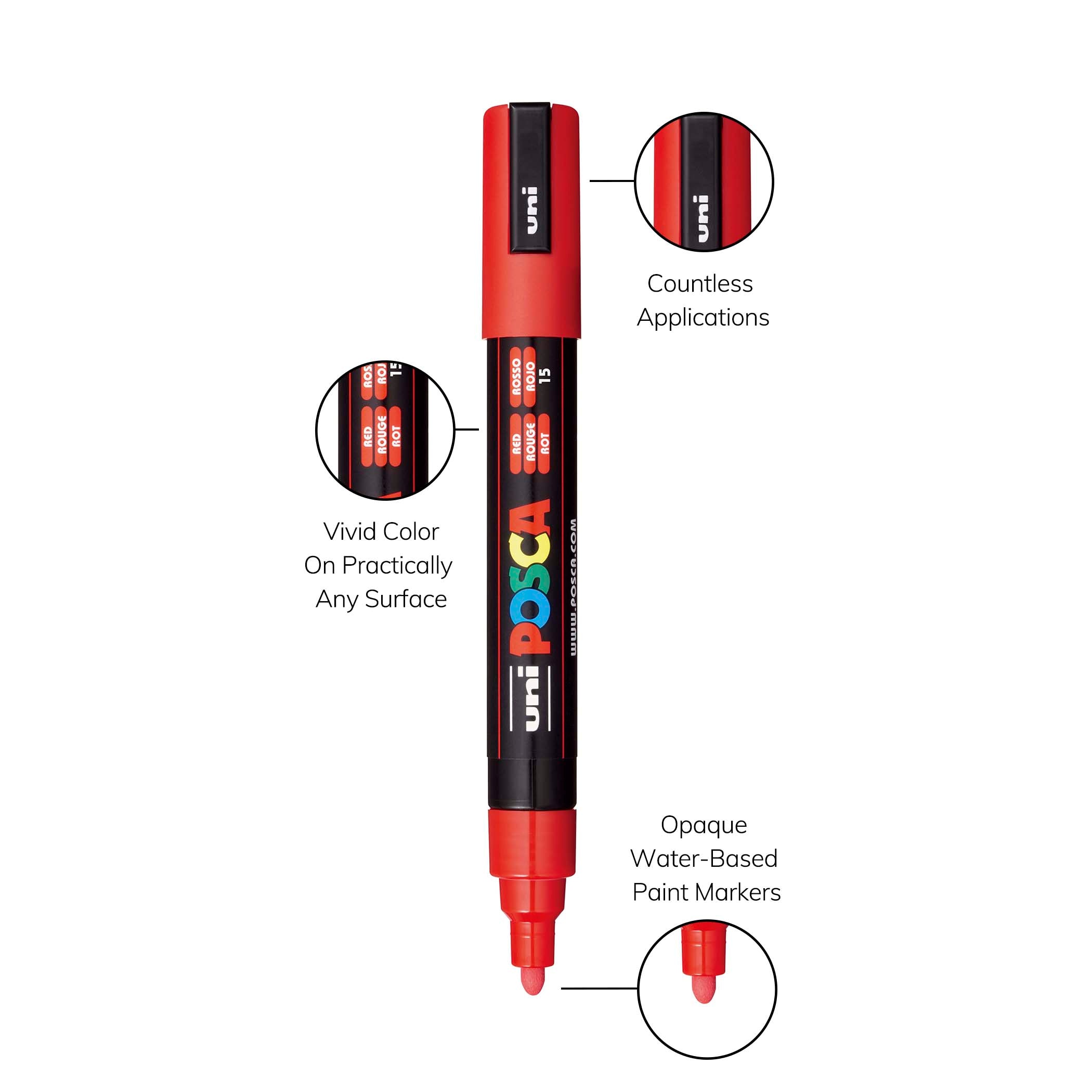 uni® POSCA PC-5M Water-Based Paint Markers, Reversible Medium Tip (1.8-2.5mm), Red