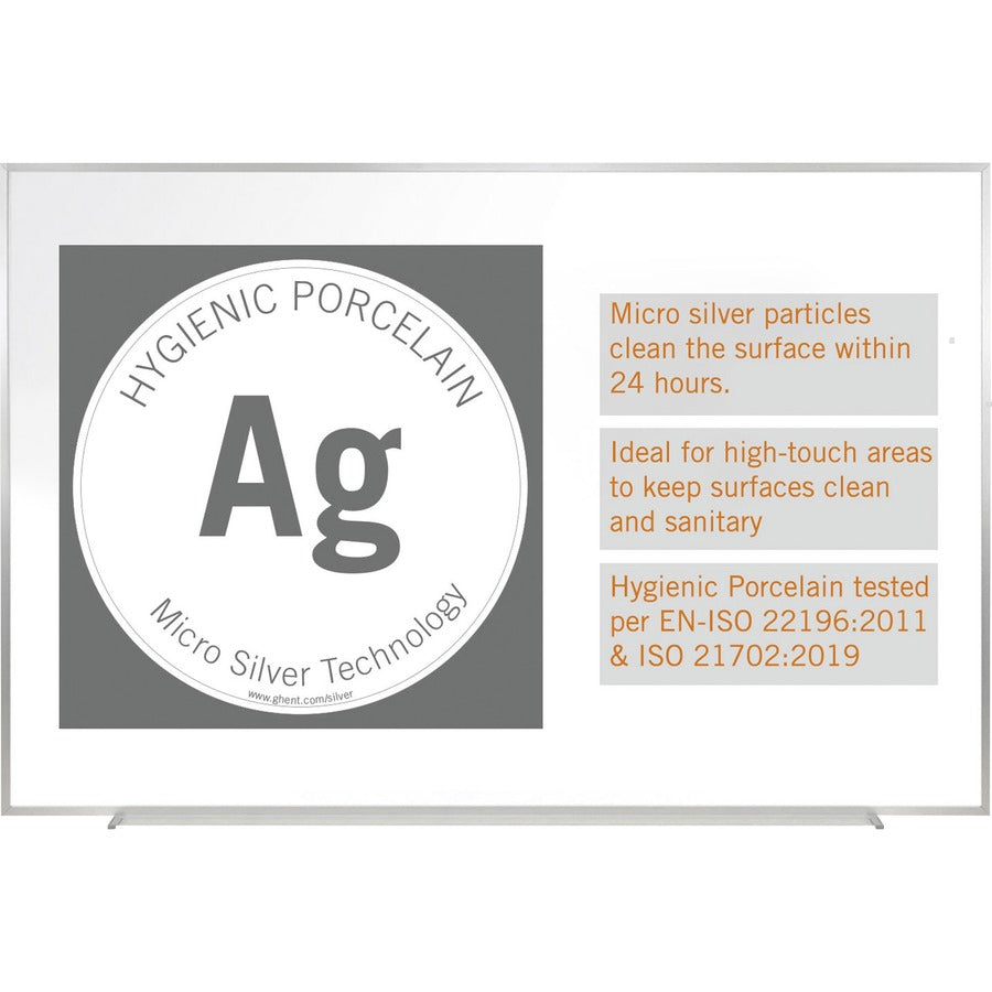 Ghent Hygienic Porcelain Whiteboard with Aluminum Frame - 36" (3 ft) Width x 24" (2 ft) Height - White Porcelain Steel Surface - White Anodized Aluminum Frame - Magnetic - 1 Each