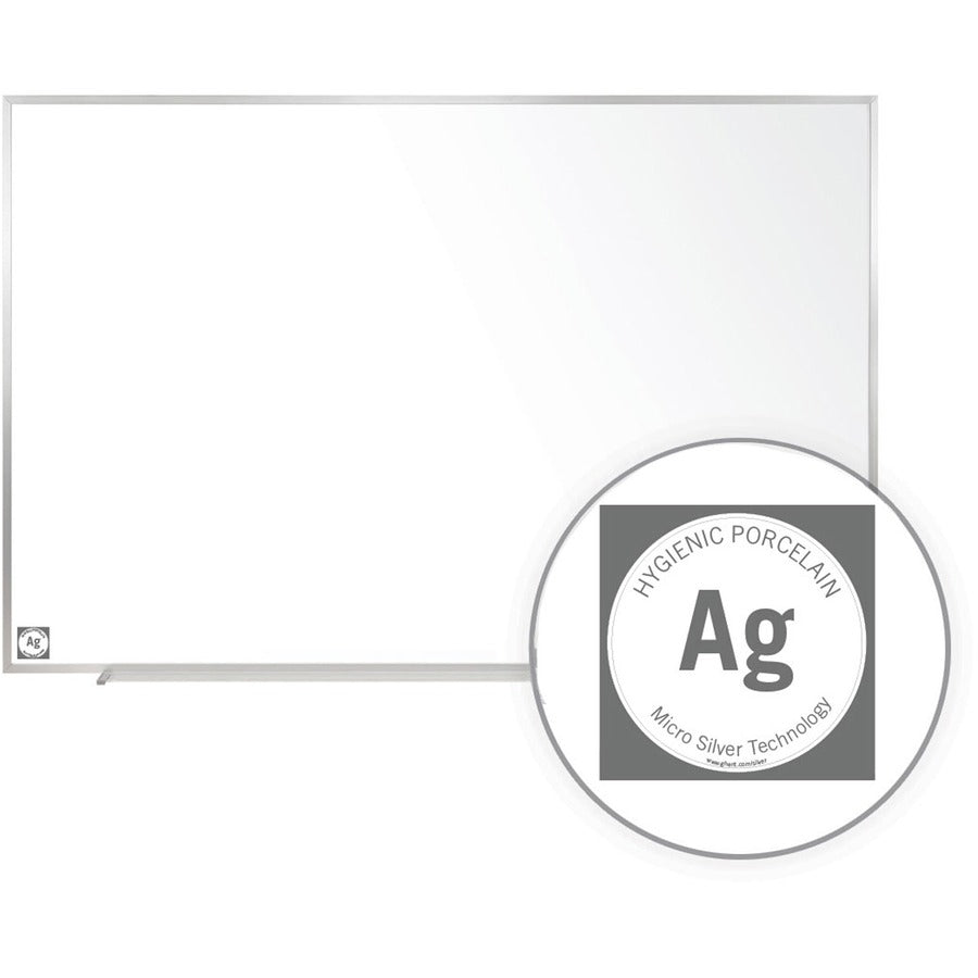 Ghent Hygienic Porcelain Whiteboard with Aluminum Frame - 96" (8 ft) Width x 48" (4 ft) Height - White Porcelain Steel Surface - White Anodized Aluminum Frame - Magnetic - 1 Each