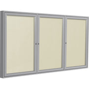 Ghent 3 Door Enclosed Vinyl Bulletin Board, 48" x 72", Ivory Vinyl Surface, Satin Anodized Aluminum Frame, Hinged Doors, Lockable, 1 Each