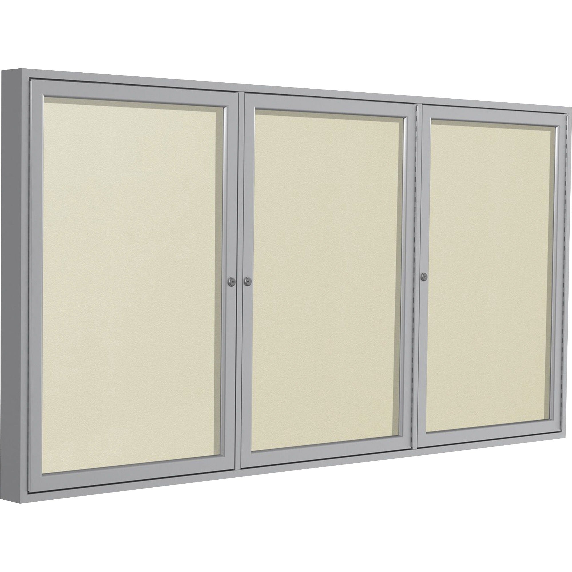 Ghent 3 Door Enclosed Vinyl Bulletin Board, 48" x 72", Ivory Vinyl Surface, Satin Anodized Aluminum Frame, Hinged Doors, Lockable, 1 Each