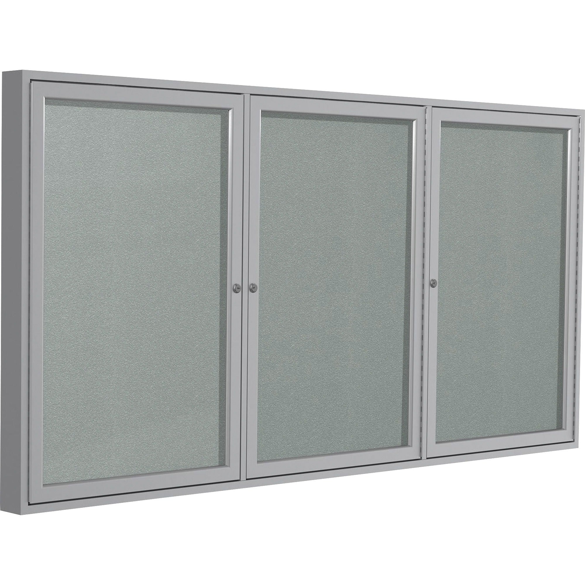 Ghent 3 Door Enclosed Vinyl Bulletin Board, 48" x 72", Silver Vinyl Surface, Satin Anodized Aluminum Frame, Hinged Doors, Lockable, Weather and Water Resistant, 1 Each