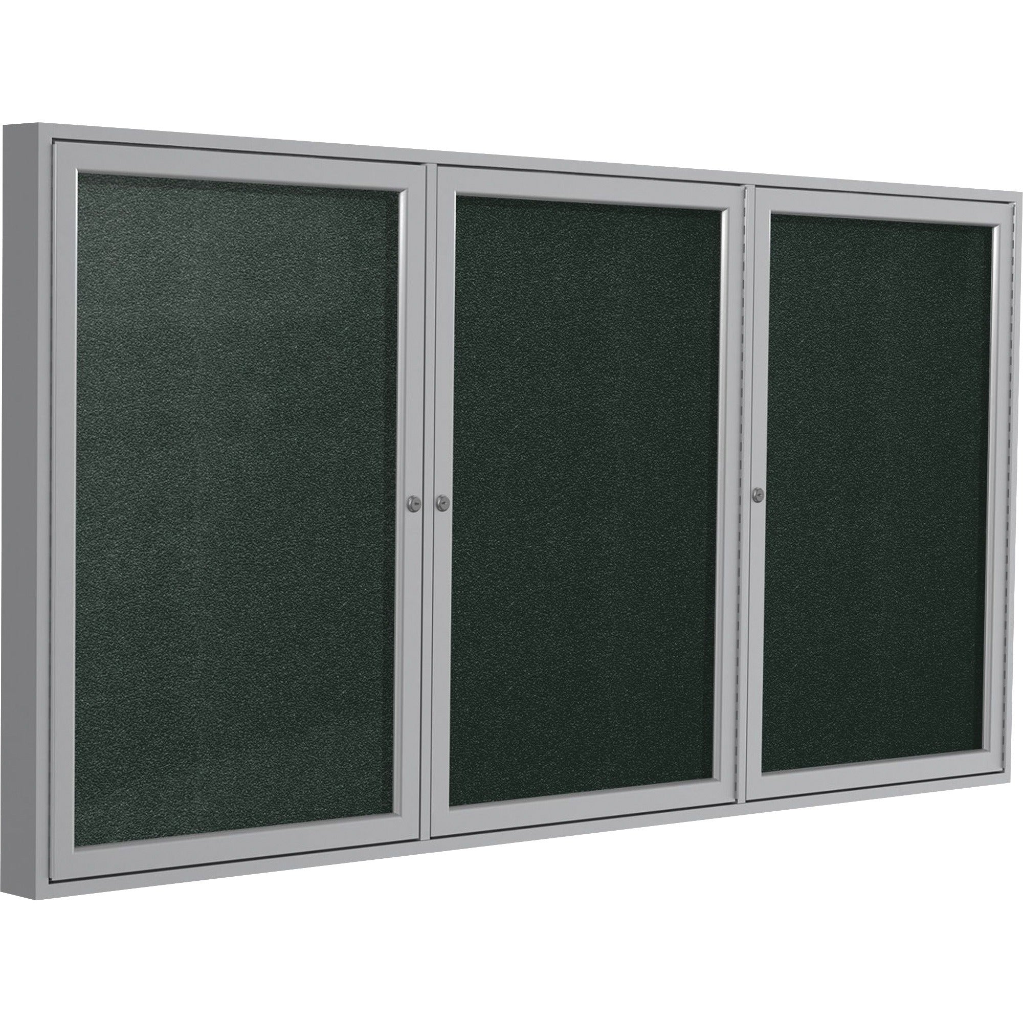 Ghent 3 Door Enclosed Vinyl Bulletin Board, 48" x 96", Ebony Vinyl Surface, Satin Anodized Aluminum Frame, Hinged Doors, 1 Each