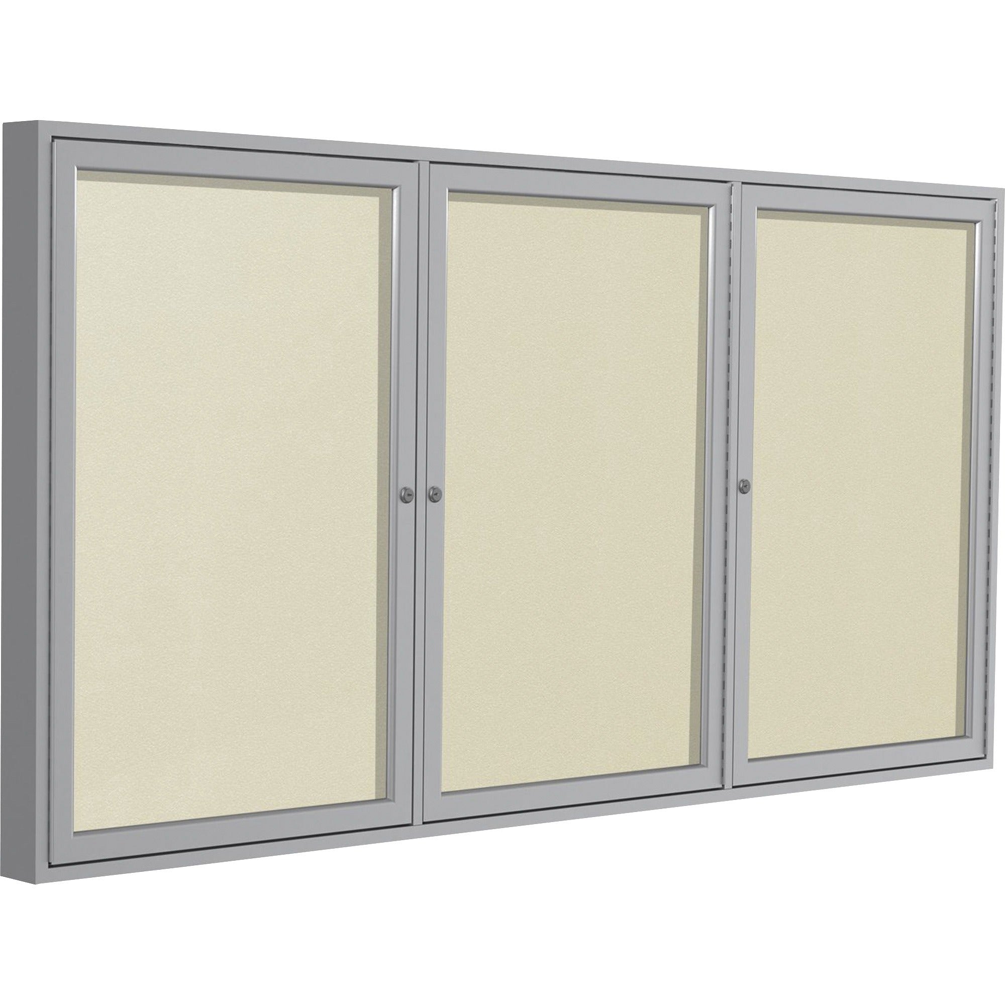 Ghent 3 Door Enclosed Vinyl Bulletin Board, 48" x 96", Ivory Vinyl Surface, Satin Anodized Aluminum Frame, Hinged Doors, 1 Each