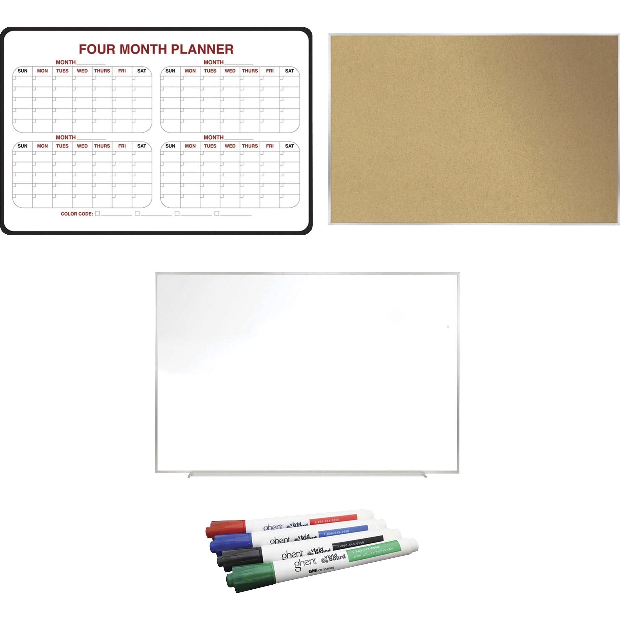 Ghent Dry Erase/Bulletin Board Kit, Includes 1 Four-Month Planner (2"x3"), 1 Magnetic Dry-Erase Board (2"x3"), 1 Cork Bulletin Board (2"x3"), 1 Each