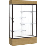 Waddell Reliant Display Cabinet, 48"W x 16"D x 80"H, 4 Shelves, Sliding Tempered Glass Doors, Lockable, Adjustable Shelves, LED Light, Dark Bronze Frame, Natural Oak Base, White Back, 1 Each