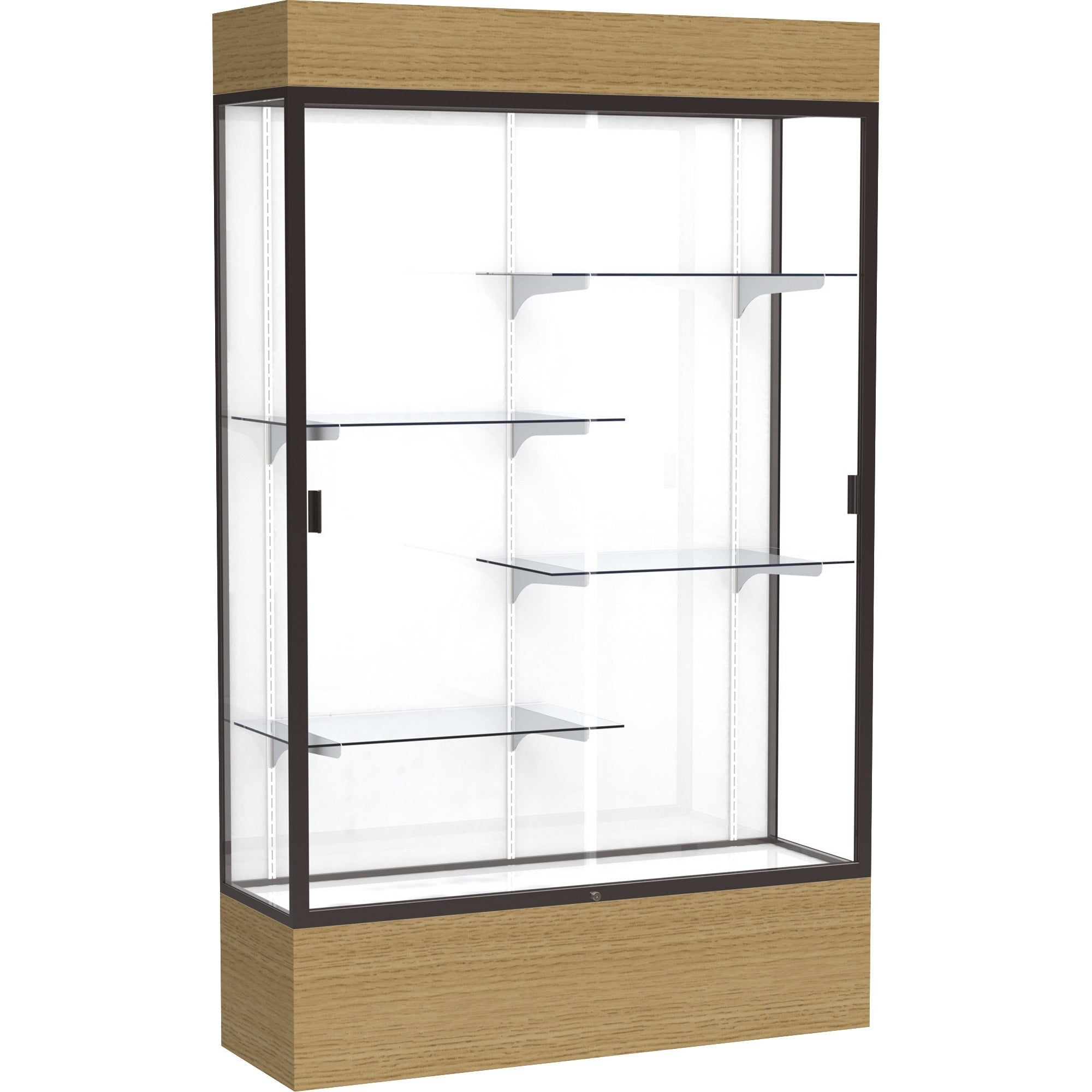 Waddell Reliant Display Cabinet, 48"W x 16"D x 80"H, 4 Shelves, Sliding Tempered Glass Doors, Lockable, Adjustable Shelves, LED Light, Dark Bronze Frame, Natural Oak Base, White Back, 1 Each