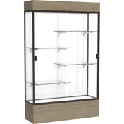 Waddell Reliant Display Cabinet, 48"W x 16"D x 80"H, 4 Shelves, Sliding Tempered Glass Doors, Lockable, Adjustable Shelves, LED Light, Dark Bronze Frame, White Back, Driftwood Oak Base, 1 Each