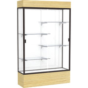 Waddell Reliant Display Cabinet, 48"W x 16"D x 80"H, 4 Shelves, Sliding Tempered Glass Doors, Lockable, Adjustable Shelves, LED Light, Dark Bronze Frame, White Back, Light Oak Base, 1 Each