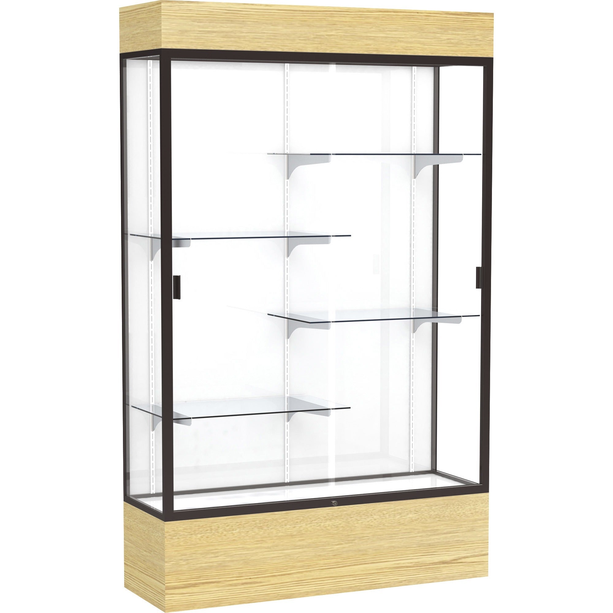 Waddell Reliant Display Cabinet, 48"W x 16"D x 80"H, 4 Shelves, Sliding Tempered Glass Doors, Lockable, Adjustable Shelves, LED Light, Dark Bronze Frame, White Back, Light Oak Base, 1 Each