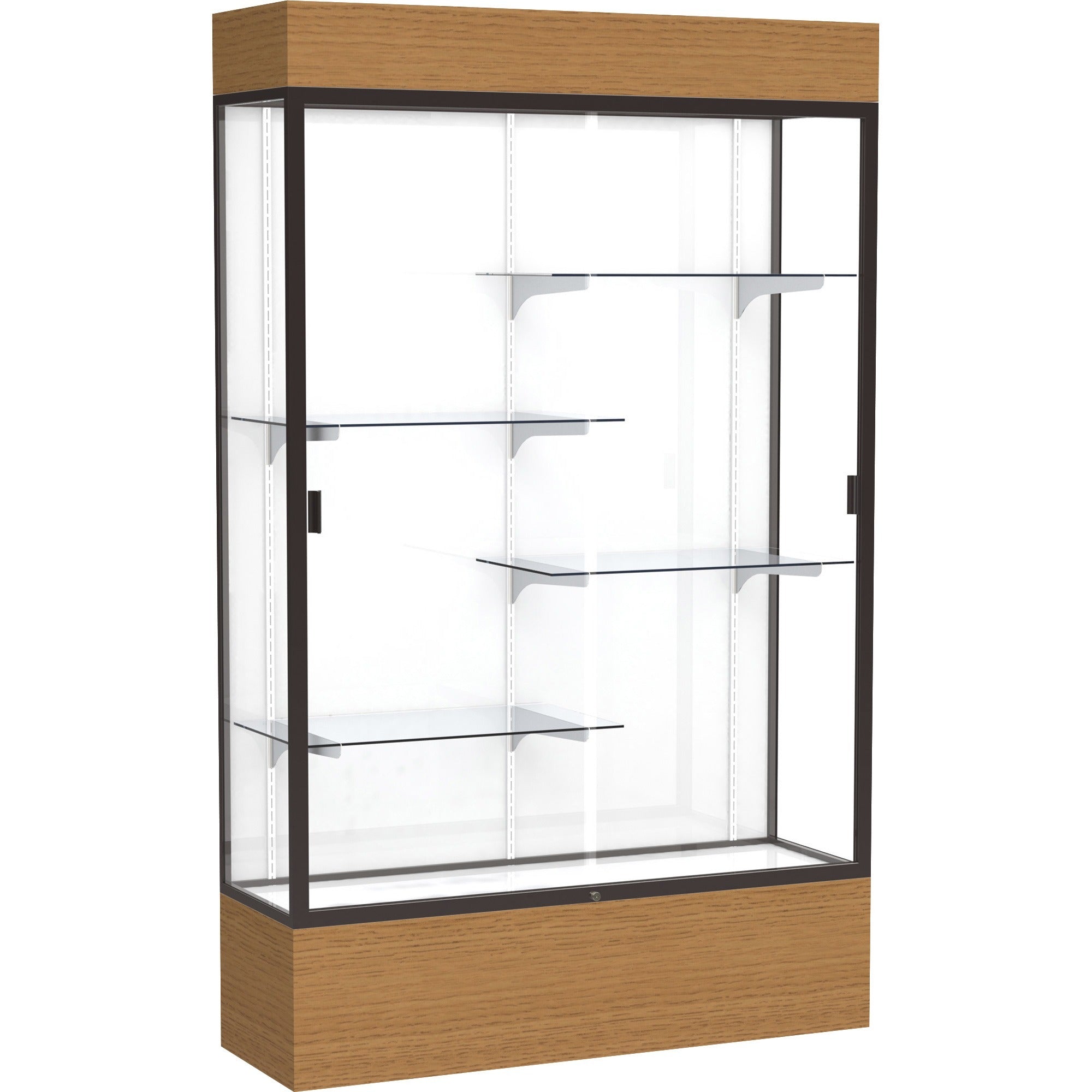 Waddell Reliant Display Cabinet, 48"W x 16"D x 80"H, 4 Shelves, Sliding Tempered Glass Doors, Lockable, Adjustable Shelves, LED Light, Dark Bronze Frame, White Back, Carmel Oak Base, 1 Each