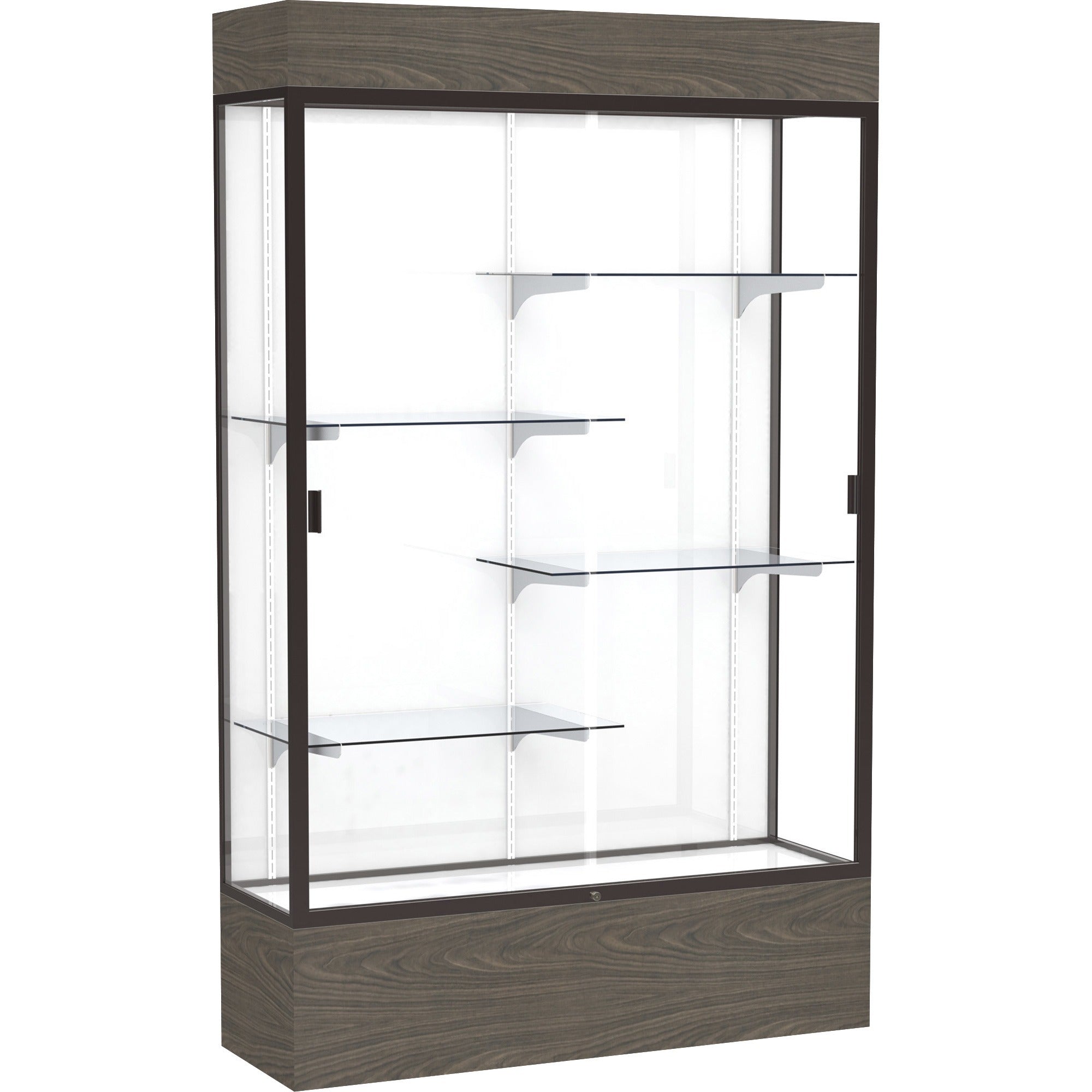 Waddell Reliant Display Cabinet, 48"W x 16"D x 80"H, 4 Shelves, Sliding Tempered Glass Doors, Lockable, Adjustable Shelves, LED Light, Dark Bronze Frame, White Back, Walnut Base, 1 Each
