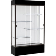 Waddell Spirit 4' Floor Display Case, 48"W x 16"D x 80"H, 4 Adjustable Shelves, Sliding Lockable Tempered Glass Doors, LED Light, Dark Bronze Aluminum Frame, White Back, Black Base, Black Cornice, 1 Each